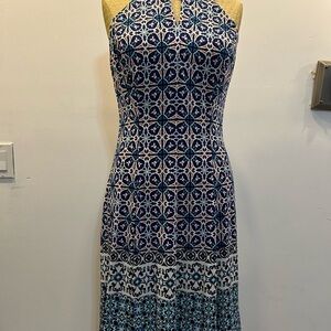 Blue and White Halter Sheath Resort Dress